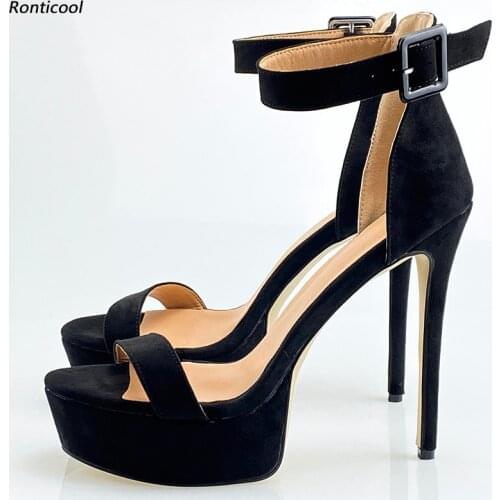 Ronticool Women Summer Platform Sandals Faux Suede Buckle Sexy Stiletto Heels Open Toe Elegant Black Party Shoes US Size 5-20