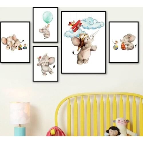Elephant Mouse Balloon Aircraft Flower Wall Art Canvas Painting Nordic Posters And Prints Wall Pictures Baby Kids Room Decor