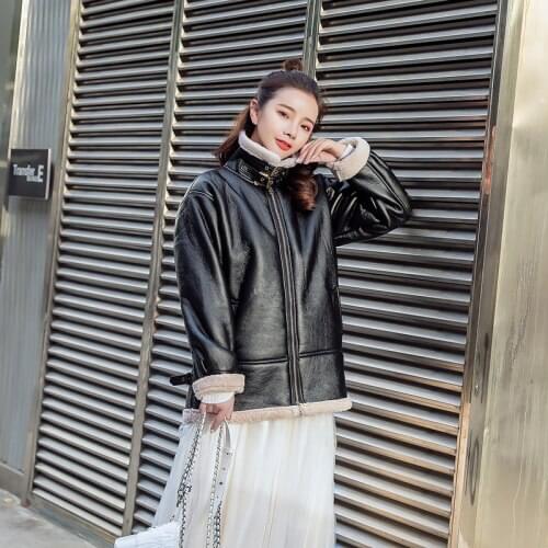 Women black fur faux leather jacket coat Turndown Collar Ladies 2020 Winter Thick Warm Oversized Coat