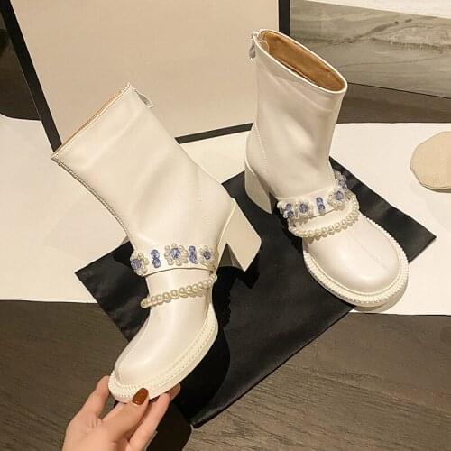 New Rhinestone Ankle Boots For Women Round Toe Thick High Heels Winter Shoes Women Zip Botas Femininas Fashion Botas de mujer