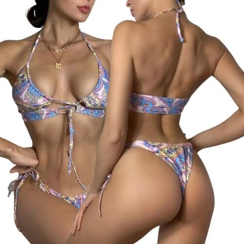 Meihuida Womens Flower Printed 2Pcs Bikini Suit, Deep V-neck Adjustable Lace-up Halter Tops with Side Tie Triangle Bottoms