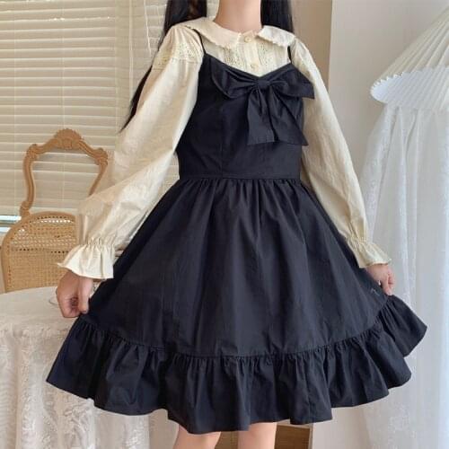 Japan Style Doll Collar Lace Shirt Women Sweet Cute Black Bow Suspender Skirt 2020 Autumn New Cute Kawaii Soft Sister 2 Pcs Set