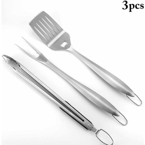 3 Pcs/Set Kitchen Stainless Steel Silver Barbecue Gadgets Heat-Proof Food Tongs Serving Fork Beef Steak Turner BBQ Tools Kits