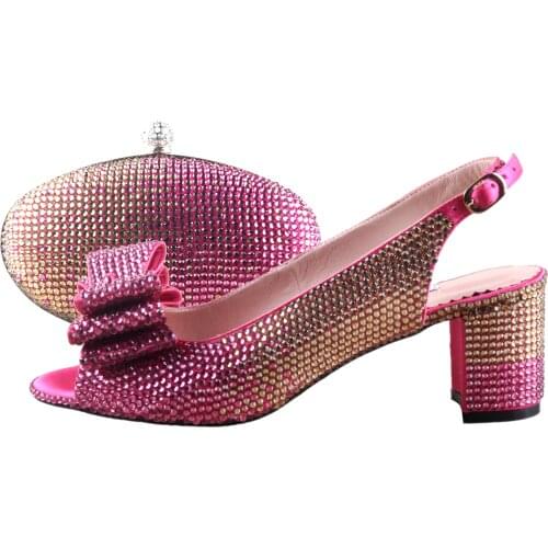 BS1182 DHL Custom Made Big Size Fuchsia Pink Gold Stones Shoes with Matching Bags Set Low Heel Women Bridal wedding Shoes
