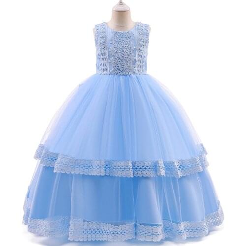 Flower Girls Birthday Blue Lace BallgownDress Elegant Girl Evening Party Dress Princess Flower Girls Tulle Party Dress