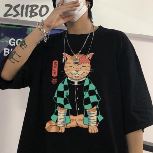 Harajuku Japanese Anime Samurai Cat Cool Summer Oversize Unisex Men/Women T Shirt Short Sleeve HipHop Men tshirt Streetwear Tops