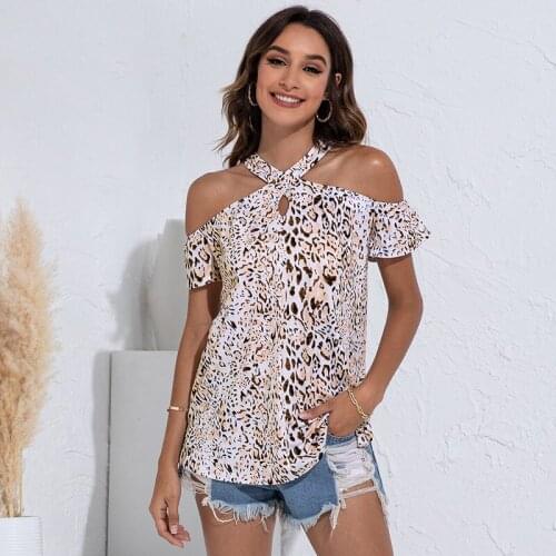 Sexy Cross Strap Off Shoulder Halter T-Shirt Top Wpmen Casual Loose Short Sleeve Zebra Leopard Print Pullover Tee Streetwear XXL