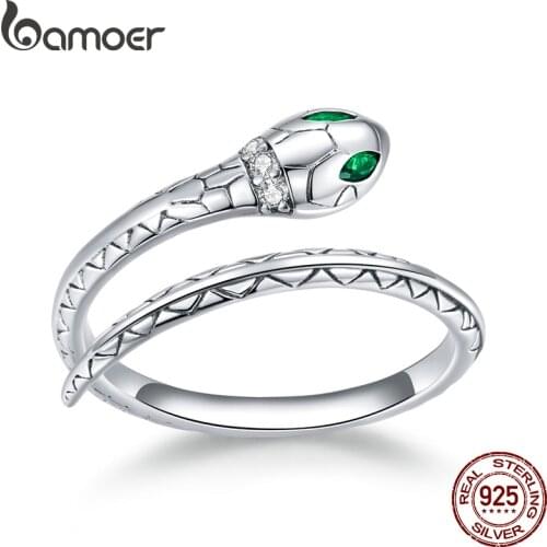 Bamoer Silver Adjustable Snake Ring 925 Sterling Silver Vintage Open Size Finger Ring for Women Statement Wedding Jewelry BSR169
