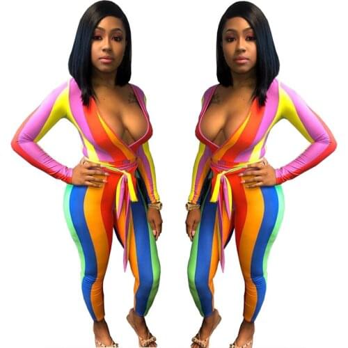 Colorful Nightclub Costume Adult Striped Sexy Jumpsuit One Piece Swimming Suit For Women Prom Dress Rave Outfit Stage Wear 601