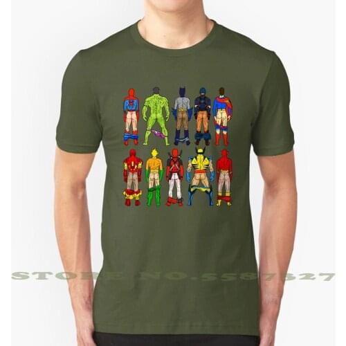 Superhero Butts Pattern On Black Cool Design Trendy T-Shirt Tee Superhero Super Heros Superheros Spider Action Figures Bat