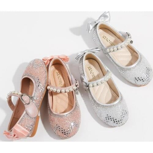 Little Girl Princess Shoes Children Pearl Rhinestone Bow Crystal Shoes Girls Autumn Fashion Show Shoes 25-35