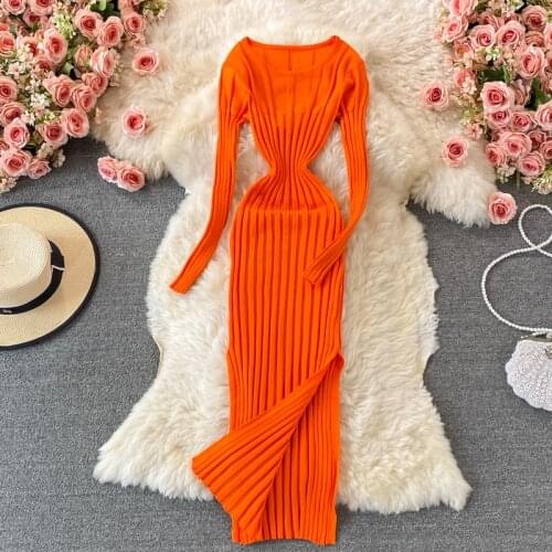 Autumn Elegant Women Orange Knitted Dress Winter Solid Color Round Neck Split Stretch Package Hip Bodycon Dress Female Vestidos