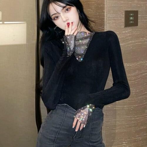 Sexy shiny gemstones women red t-shirts bling bling shiny rhinestones t-shirts fashion woman hollow out pullovers autumn tops