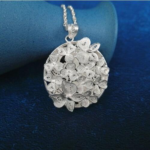 Miao Silver Butterfly 999 Sterling Silver Pendant Flower Round Women Necklaces Pendants Vintage Luxury Jewelry Handmade Ethnic