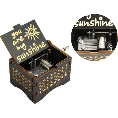Vintage Wooden Music Box Hand Cranked Engraved Small Musical Case Gift Play You are My Sunshine Melody for Birthday