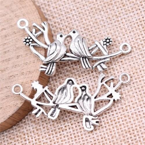 WYSIWYG 10pcs 45x20mm Antique Silver Color Antique Bronze Plated Charms Lovebird Pendants Birds Connector Charm Bird Vintage