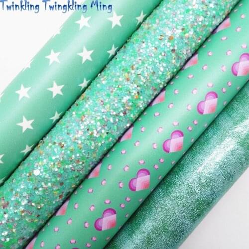 Green Chunky Glitter Leather, Hearts Stars Printed Faux Fabric, Metallic Synthetic Leather For Bow 21x29CM Twinkling Ming KM437