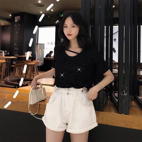 Woman TShirts 2021 Summer Shiny Hollow-out Loose Short-Sleeved T-shirt Womens Top Shirt Crop Top Mujer Camisetas