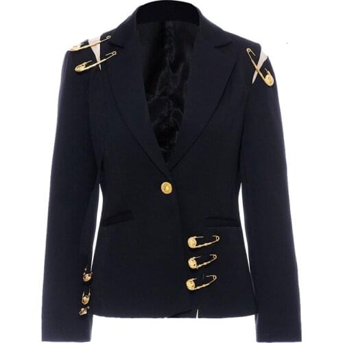 SeeBeautiful New Fashion Spring 2021 Notched Long Sleeve One Button Metal Pin Mesh Pockets Loose Coat Single Suit Women N940