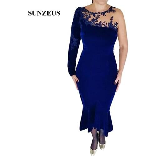 2020 Fall Royal Blue Velour Mother Of The Bride Dresses For Weddings Mermaid Style Appliques Illuison Neck Women Party Gowns