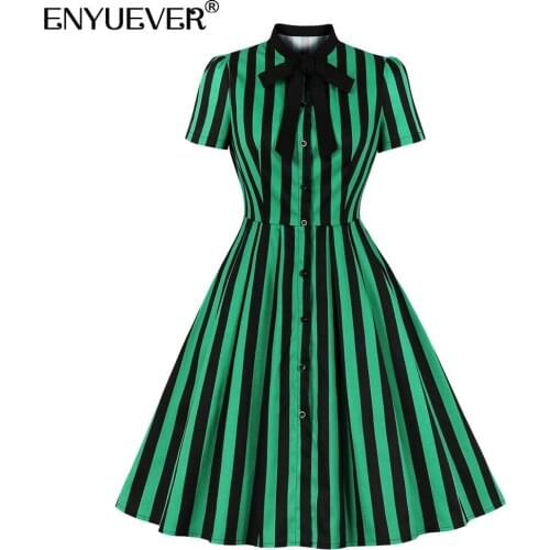Enyuever Plus Size Women Summer Dress Bow Tie Neck Robe Pin Up Swing Striped Rockabilly Vintage Dresses 50s 60s Retro Clothes