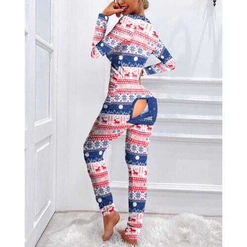 2021 Hot One Piece Suit Christmas Print Functional Buttoned Flap Casual Sleepwear Womens Pajamas Festive Female Long Jumpsuits