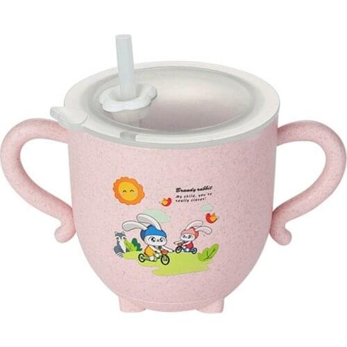 270ML Baby Feeding Dishes Drop-Proof Wheat Straw Bottle Cartoons Toddlers Tableware Portable Double Handle Water Drinkware