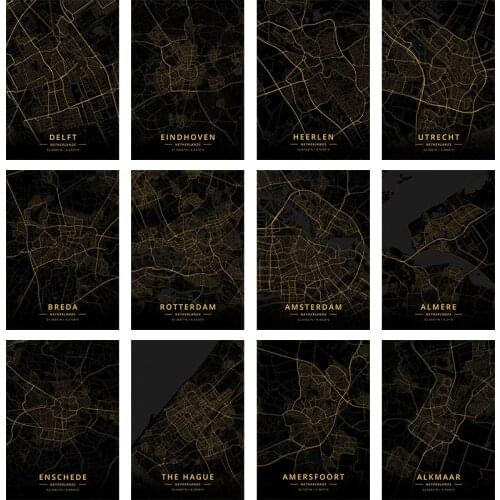 Black Gold City Map Netherlands DIY Diamond Painting Cross Stitch Rotterdam Amsterdam Breda Eindhoven Diamond Embroidery Decor