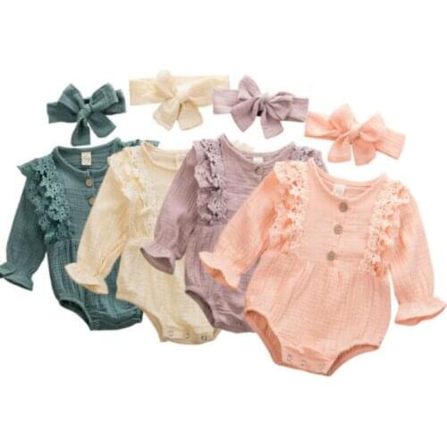 Baby Newborn Girls Lace Ruffle Romper Button Long Sleeve O Neck Infant Toddler Autumn Linen Cotton Rompers + Headband 0-24M