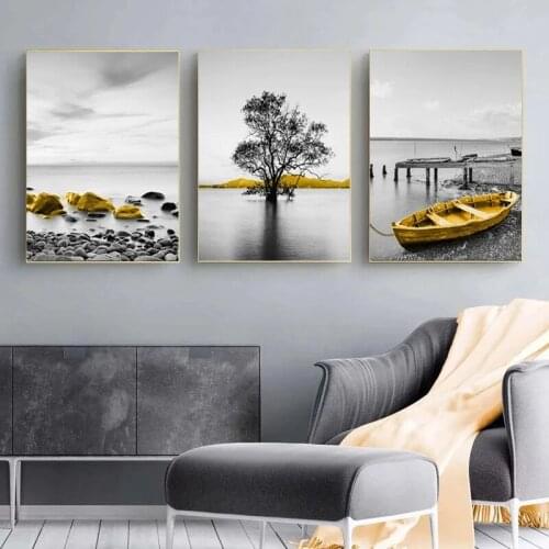 Seaside Scenery Canvas Painting Fishing Boat Seascape Yellow Posters and Prints Wall Art Pictures for Living Room Decor Cuadros