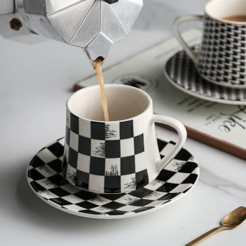 Ceramic Coffee Cup and Saucer Set Black and White Mosaic Cups and Saucers English Flower Tea Cup