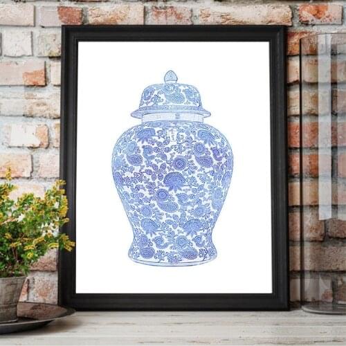 Chinese Ginger Jar Print Blue and White Chinoiserie Waterolor Canvas Art Painting Wall Art Picture Poster Hampton Style Decor