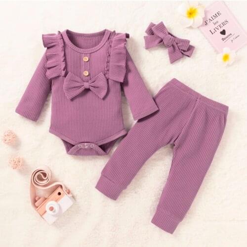 TELOTUNY 3Pcs Baby Girls Outfit Set Newborn Infant Solid Ruffled Ribbed Bow Romper Bodysuit+Pants Headband Set Kids Clothing