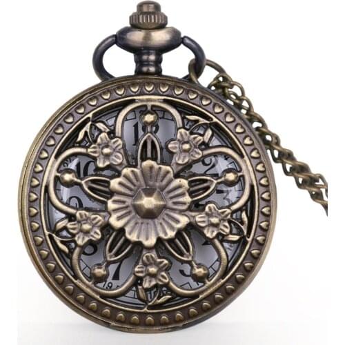 Beautiful Hollow Flower Heart Design Quartz Pocket Watch Chain Necklace Pendant Clock Reloj de Bolsillo CF1212
