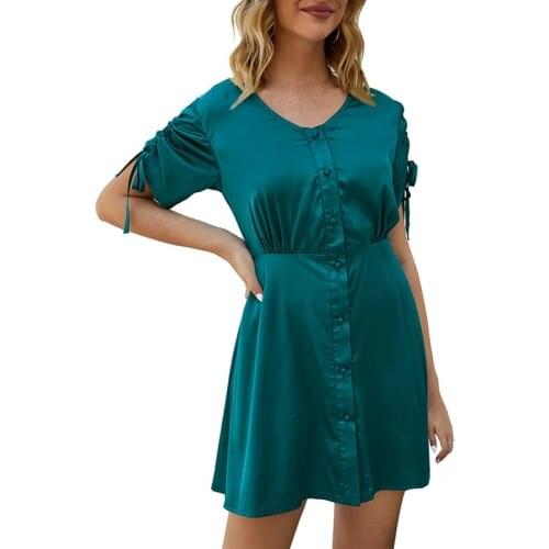 Summer Solid Color V-Neck Fashion Single-Breasted Female Elegant Temperament Dress