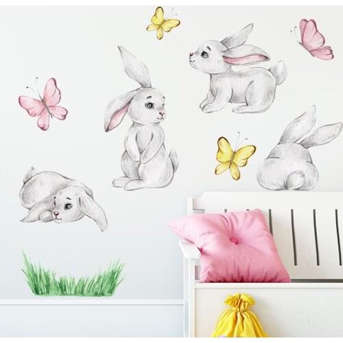 Cartoon bunny butterfly Wall Stickers Kids Room Children Baby Bedroom Living room Decoration Home Decor Rabbit Stickers Decals