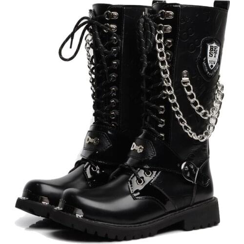 Army Boots Men High Military Combat Men Boots Mid Calf Metal Chain Male Motorcycle Punk Boots Spring Mens Shoes Rock