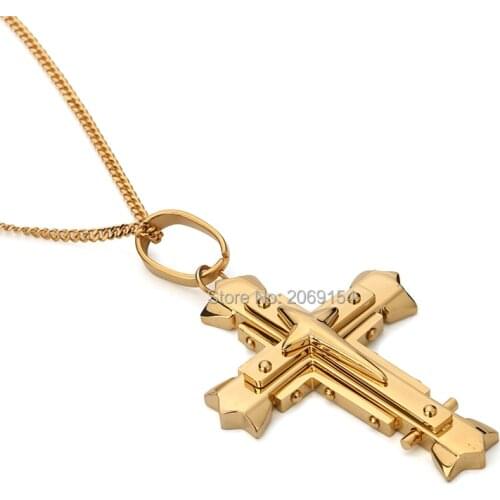 Men Gold Cross Necklace Classic Fashion Stainless Steel Long Chain Circle Charm Vintage Jewelry Magnetic Choker For Male