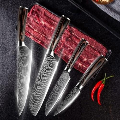 4PCS Chef Kitchen Knife Set Santoku Paring Japanese Knife for Meat Fruits Fish Vegetable Cleaver Tools Stainless Steel Blades