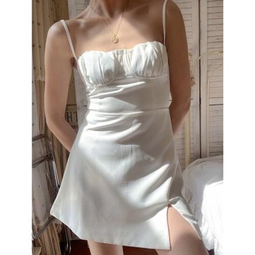 Dress Women White Elegant Summer Slash Neck Mini Sexy Shoulder Spaghetti Strap Casual Solid Beach Party Dresses Boho Robe Femme