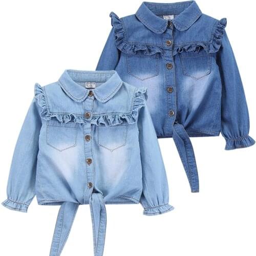 Casual Baby Girls Denim Shirts Long Sleeve Soft Kids Denim Blouse Cotton Childrens Jeans Shirt Kids Tops Costume 2-8 Years Old