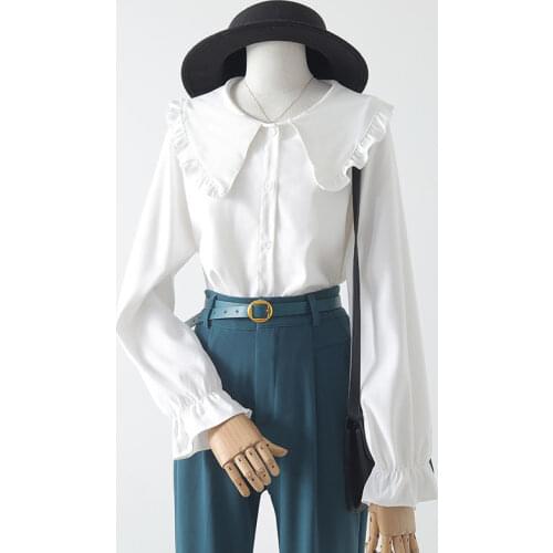 Flare Bell Sleeve Shirts Womens 2021 Spring Big Lapel Collar Long Sleeve Ruffle Blouse Female Tops Preppy Style Button Up Shirts