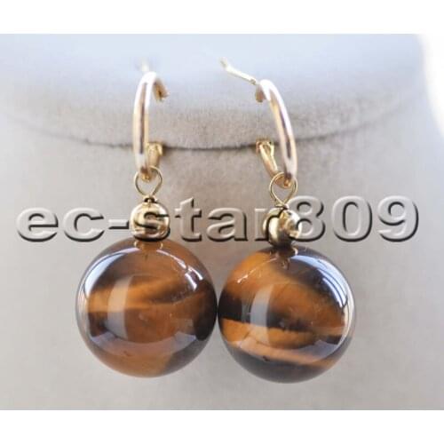 S2332 20mm Yellow Round Tiger'-eye Stone Bead Dangle Earring