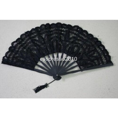 Battenburg Black Lace Bridal Dancing Hand Fan With Bamboo Stem Wedding Party
