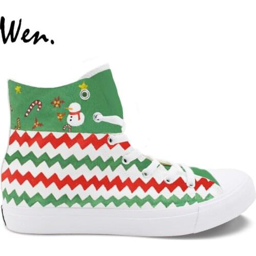 Wen Original Design Christmas Green Pattern Hand Painted Custom Sneakers High Top Canvas Shoes Christmas Gifts for Woman Man