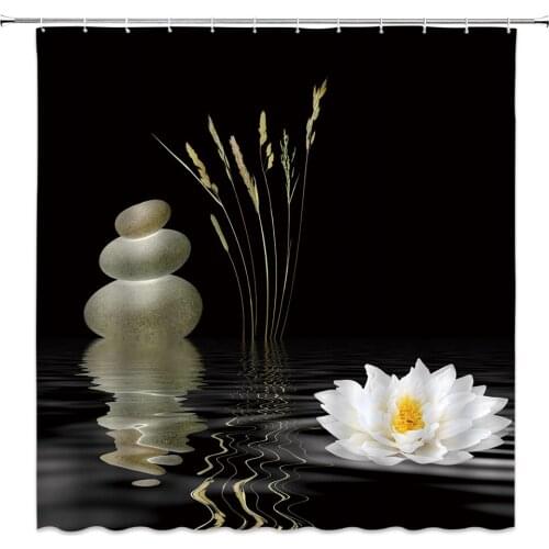 Stone With White Lotus In The Pond Shower Curtain Zen Spa White Bathroom Waterproof Extra Long Polyester Fabric Bathtub Decor