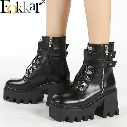 EOKKAR Lace Up Goth Punk Shoes Platform Chunky High Heel Women Ankle Boots Square Heel Buckle Winter Booties Shoes Gothic Boots