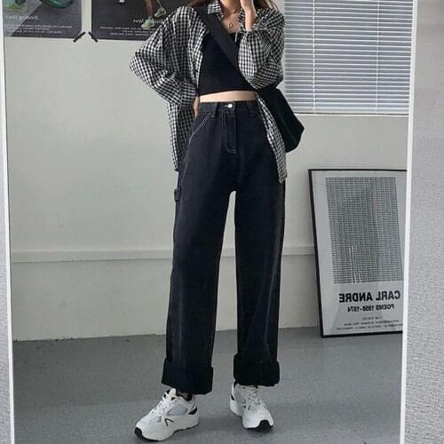 Woman Jeans Buttons Loose High Waist Woman Jeans 2021 Mom Oversized Straight Denim Pants 2021 Wide Leg Denim Pant Casual Loose