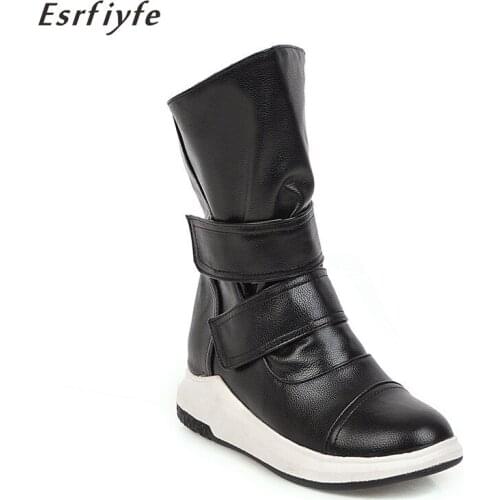 ESRFIYFE 2020 New Boots Women Leather Winter Solid Color Mid-Calf Snow Rain Ladies Footwear Keep Warm Winter Shoes Botines Mujer