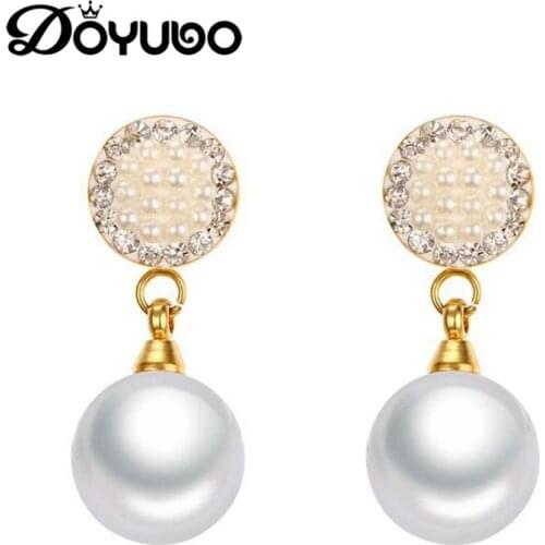 DOYUBO Korean Design Lady 9.8mm White Simulated Pearl Drop Earrings Women Stainless Steel Gold Color New Earrings Jewelry DB046